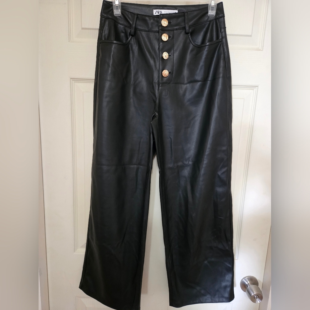 Zara Black Faux Leather Pants with Gold Buttons XS